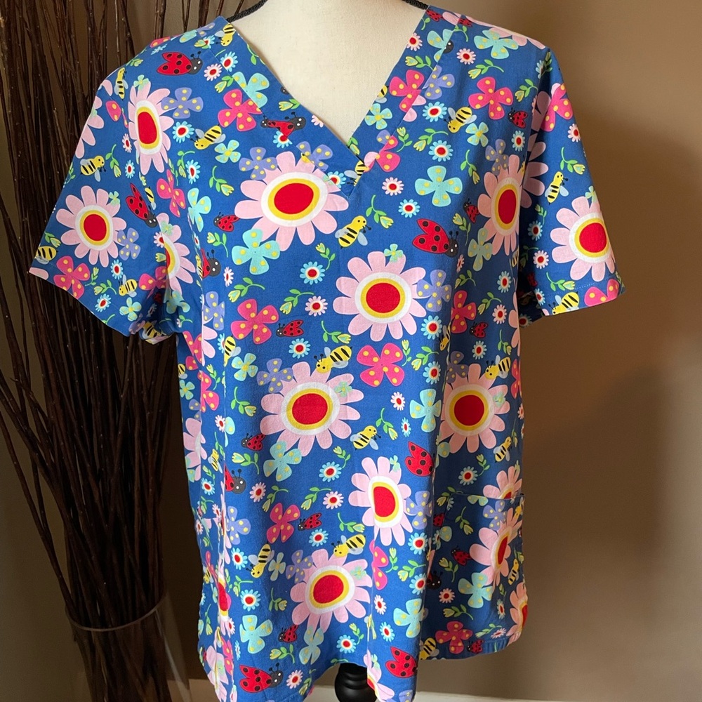 Floral Blue Women's Scrub Top